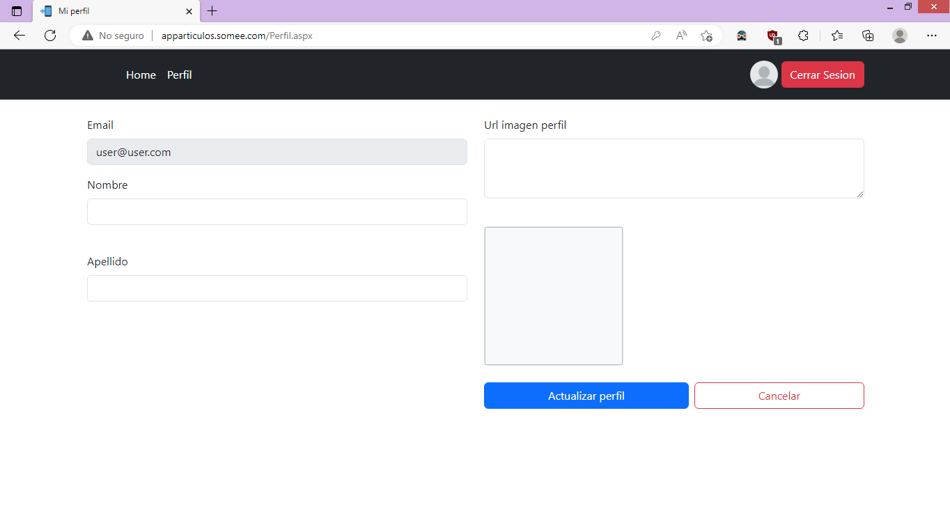 Perfil user sin admin